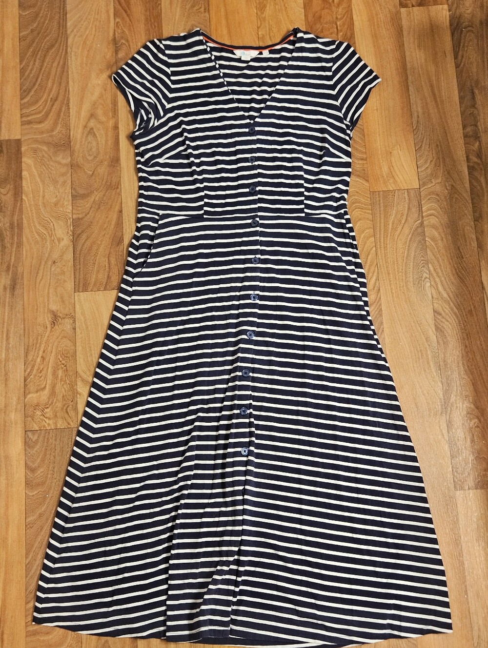 Boden Navy and White Flowy Striped Button-Front Midi Dress With Pockets